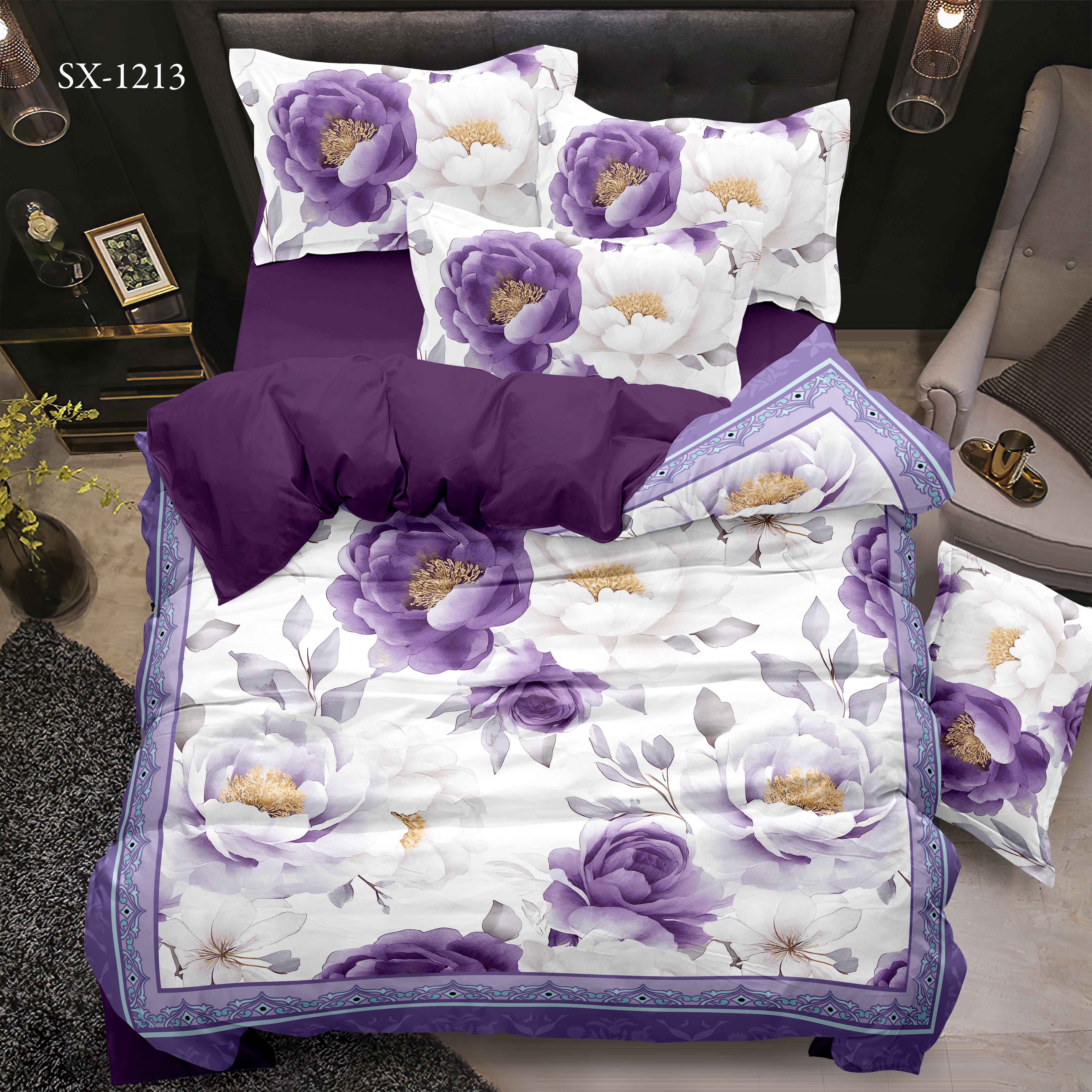 5d Digital bedrucktes Bettblatt Set Blumen mit lila Pfingstrosen und dekoratives Grenzdesign