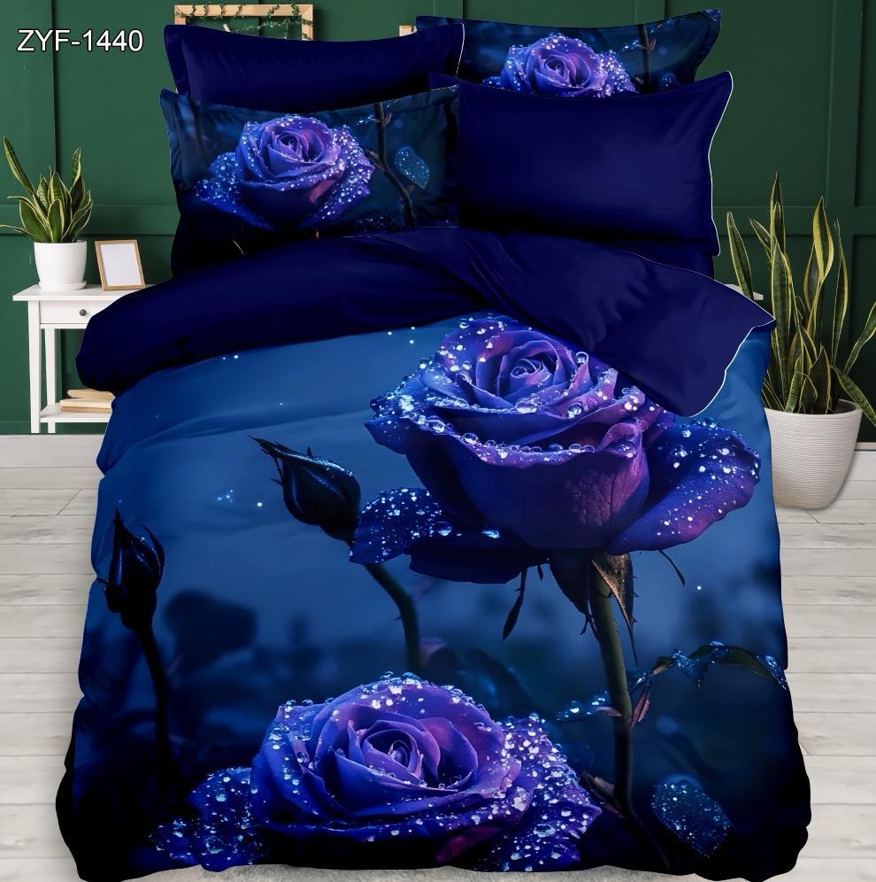 5d Digital bedrucktes Bettblatt Set Blumen mit blauem Rosen- und Dewdrop -Design